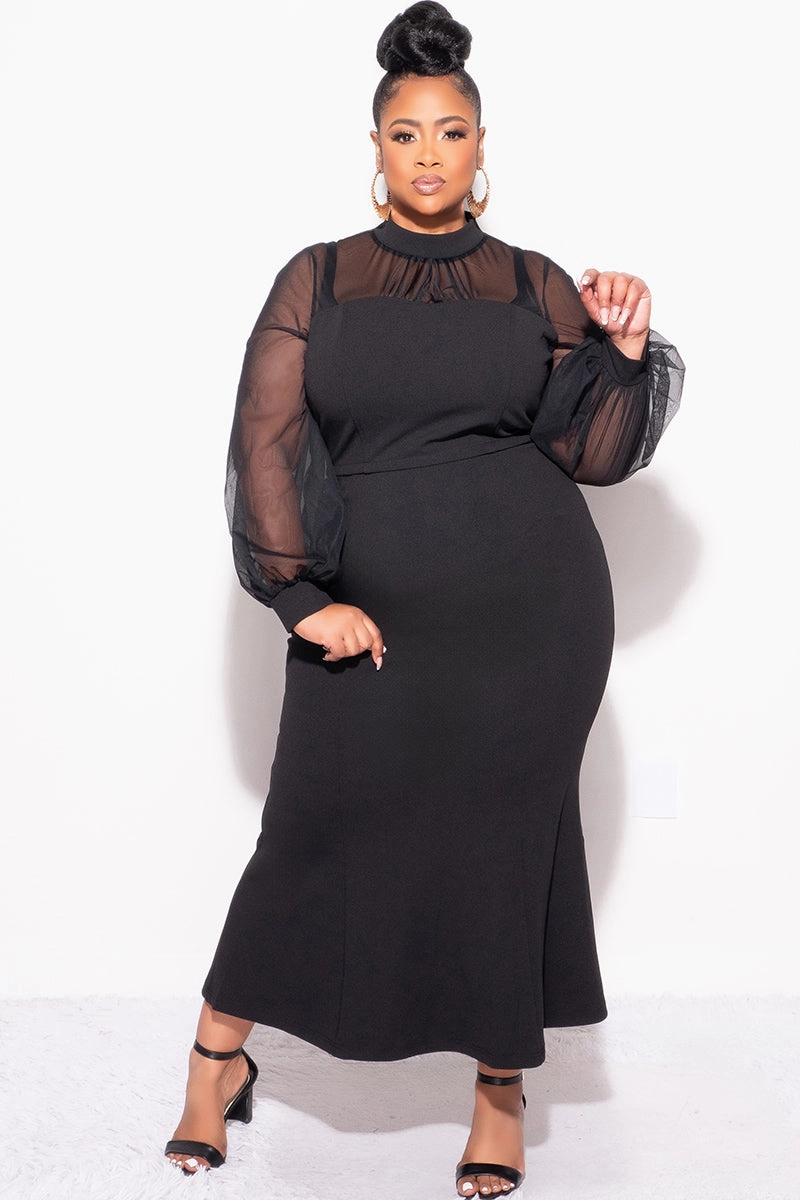 Final Sale Plus Size Sheer Mesh Sleeve & Shoulder 2pc Set in Black Casual Flex Light Reflective Details