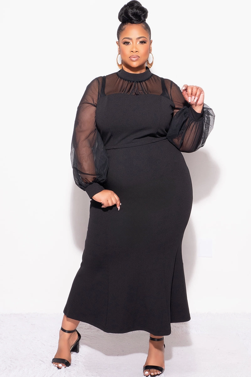 Final Sale Plus Size Sheer Mesh Sleeve & Shoulder 2pc Set in Black Non Irritating Seams