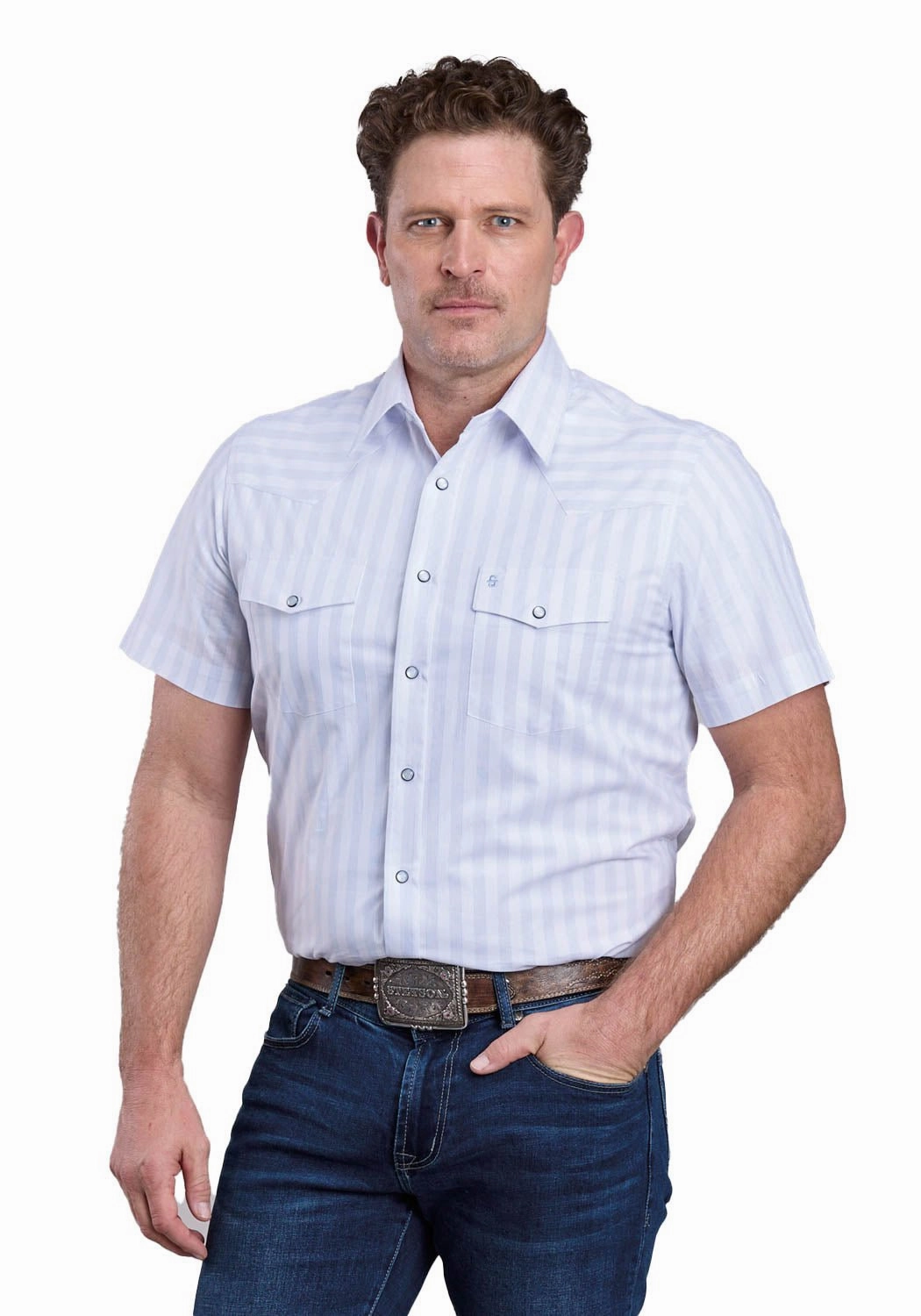 Stetson Mens 2769 Western Stripe Blue/White 100% Cotton S/S Shirt Athletic Cut Standalone Option