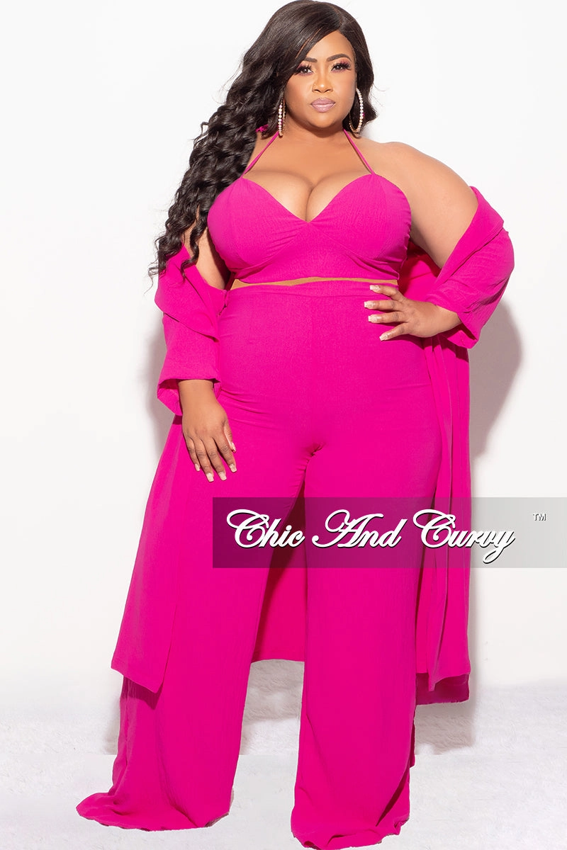 Final Sale Plus Size 3pc (Duster, Crop Self Tie Top & Pants) Set in Fuchsia BreathableMeshLining Timeless Design