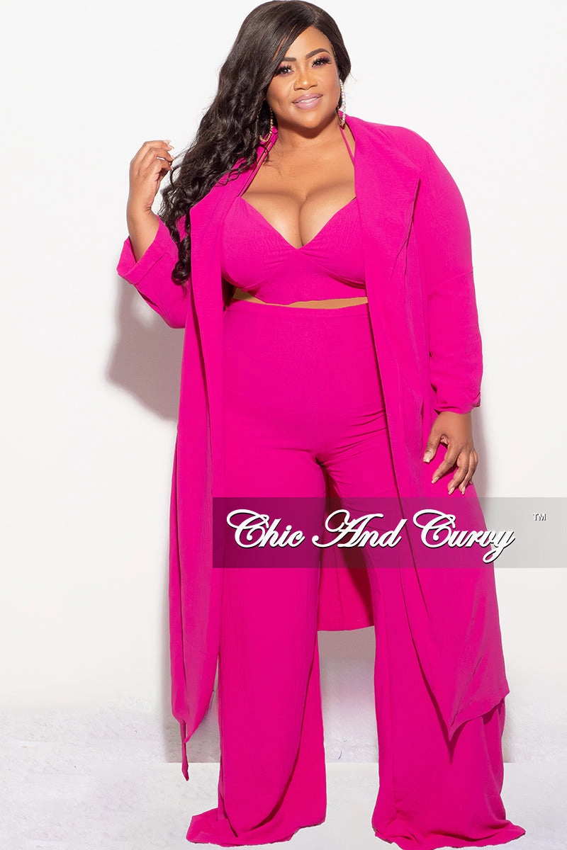 Final Sale Plus Size 3pc (Duster, Crop Self Tie Top & Pants) Set in Fuchsia Flatlock Seams