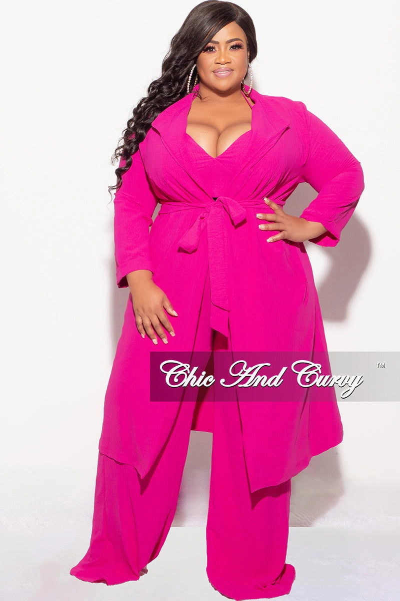 Final Sale Plus Size 3pc (Duster, Crop Self Tie Top & Pants) Set in Fuchsia Multi Pocket Design Snag Resistant Fabric