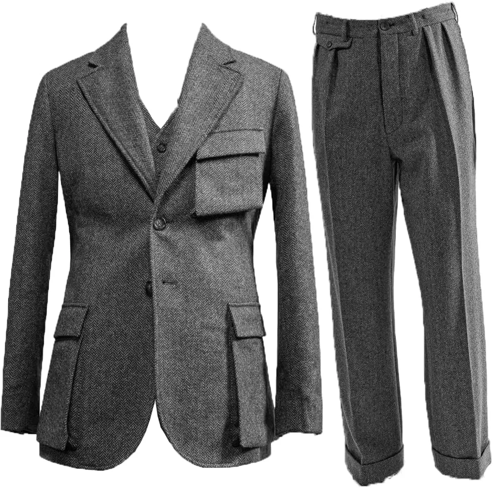Suit for Men Herringbone Tweed Wool Three Piece Suits Slim Fit Vintage Wedding Halloween 2024 Blazer Vest Pants