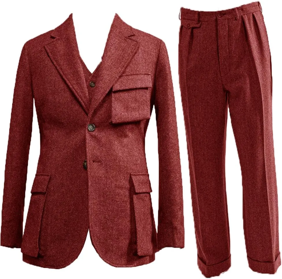Suit for Men Herringbone Tweed Wool Three Piece Suits Slim Fit Vintage Wedding Halloween 2024 Blazer Vest Pants