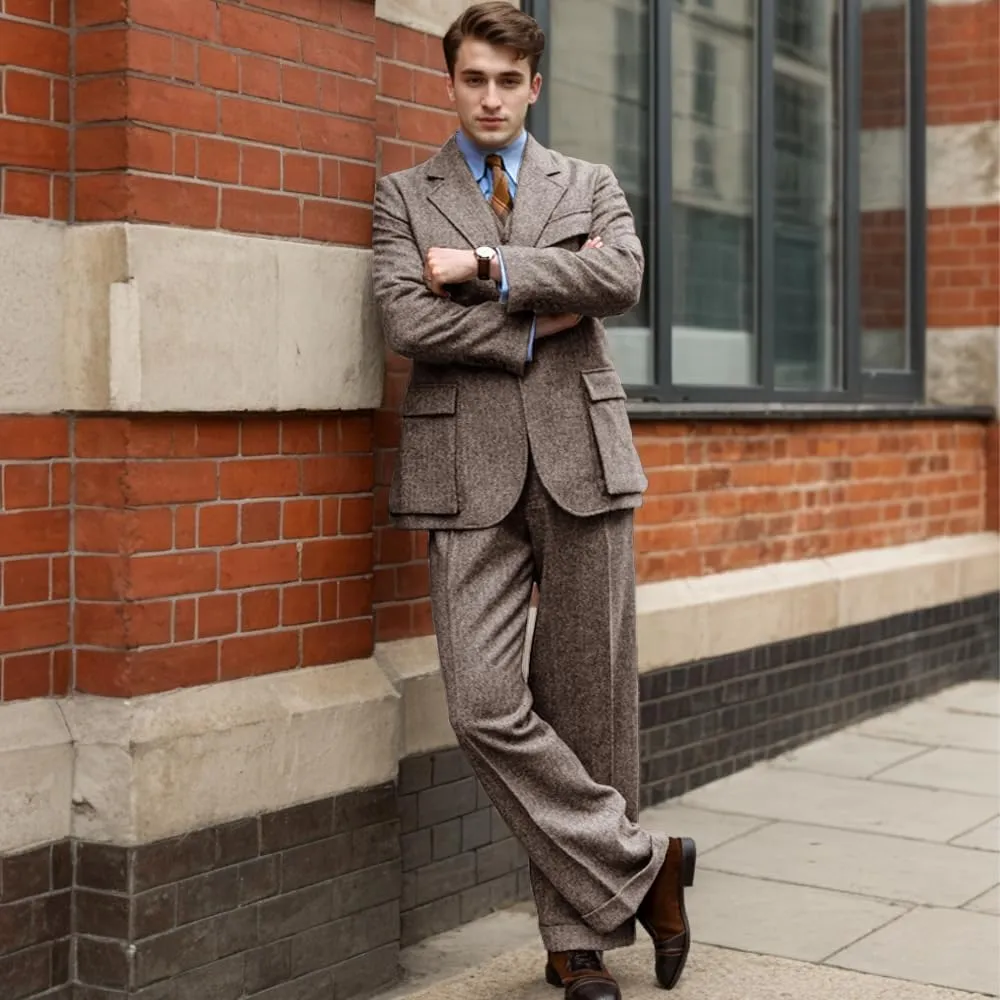 Suit for Men Herringbone Tweed Wool Three Piece Suits Slim Fit Vintage Wedding Halloween 2024 Blazer Vest Pants