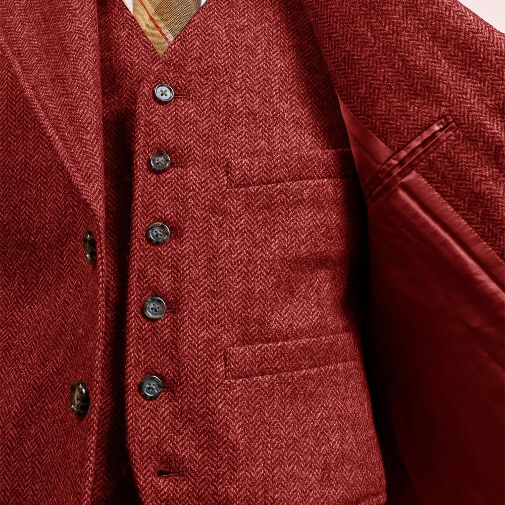 Suit for Men Herringbone Tweed Wool Three Piece Suits Slim Fit Vintage Wedding Halloween 2024 Blazer Vest Pants