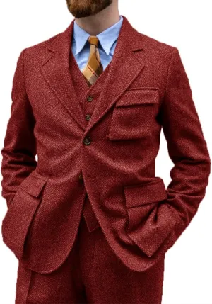 Suit for Men Herringbone Tweed Wool Three Piece Suits Slim Fit Vintage Wedding Halloween 2024 Blazer Vest Pants