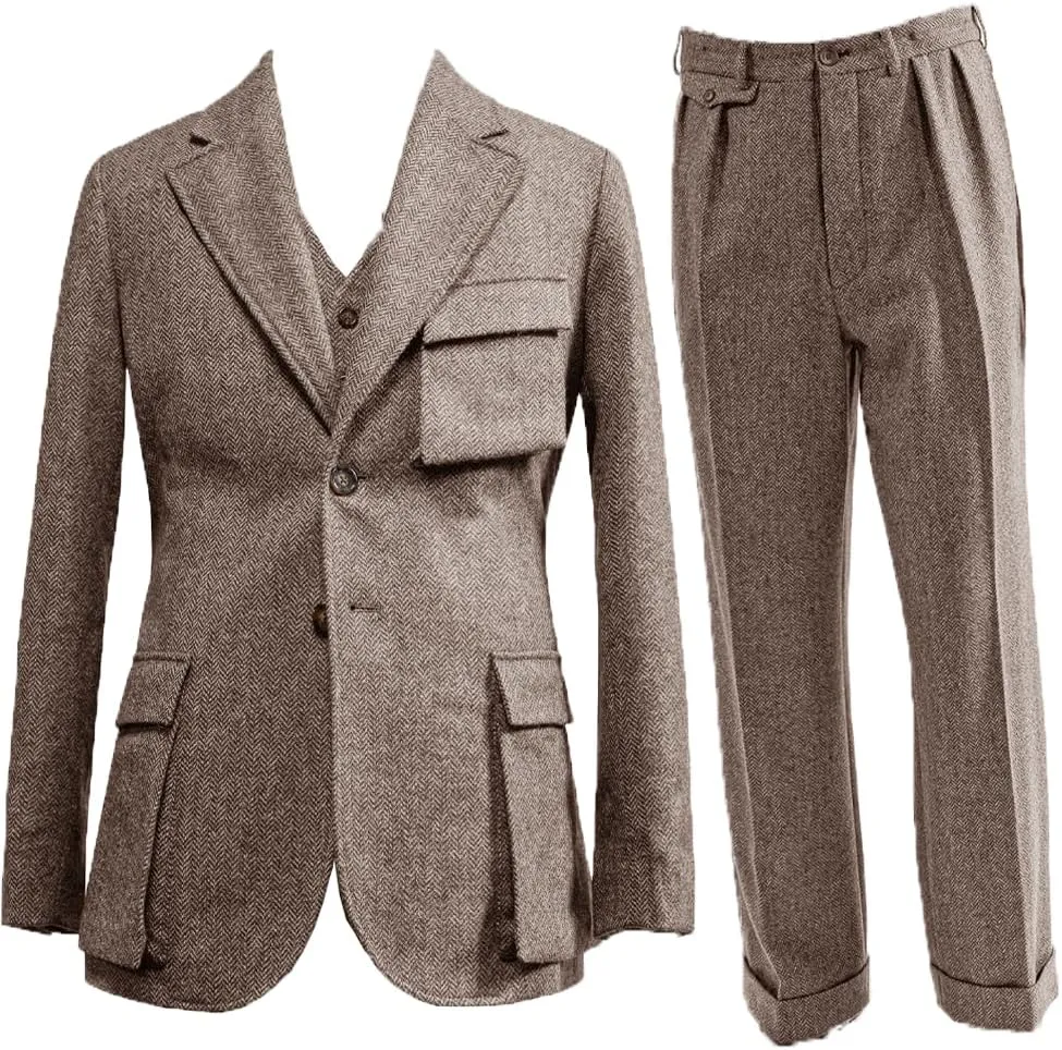 Suit for Men Herringbone Tweed Wool Three Piece Suits Slim Fit Vintage Wedding Halloween 2024 Blazer Vest Pants