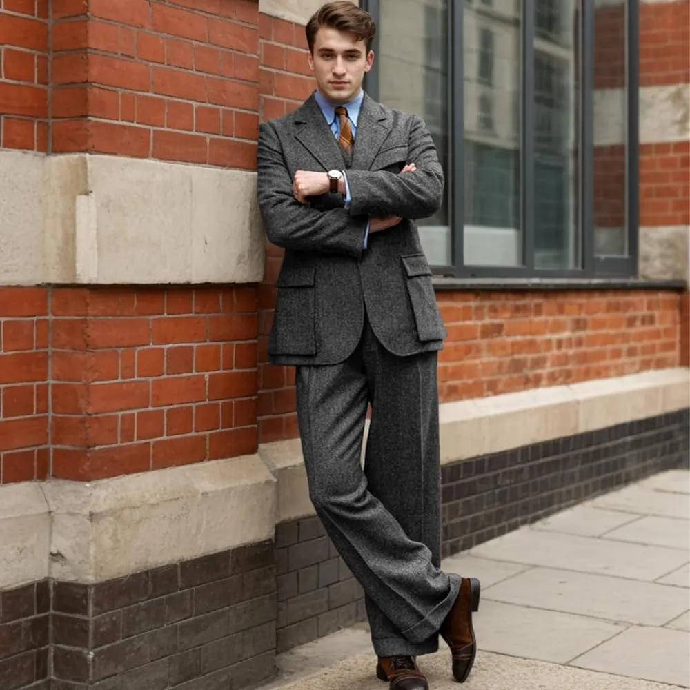 Suit for Men Herringbone Tweed Wool Three Piece Suits Slim Fit Vintage Wedding Halloween 2024 Blazer Vest Pants