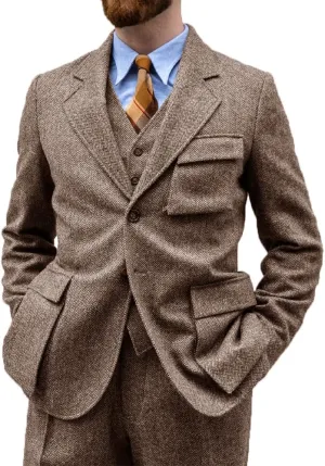 Suit for Men Herringbone Tweed Wool Three Piece Suits Slim Fit Vintage Wedding Halloween 2024 Blazer Vest Pants