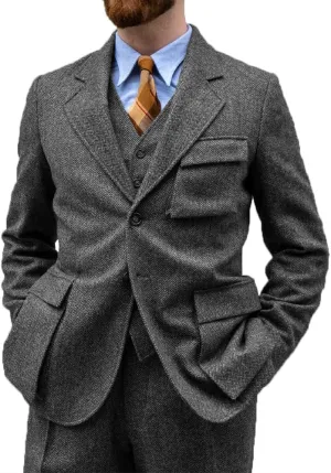 Suit for Men Herringbone Tweed Wool Three Piece Suits Slim Fit Vintage Wedding Halloween 2024 Blazer Vest Pants