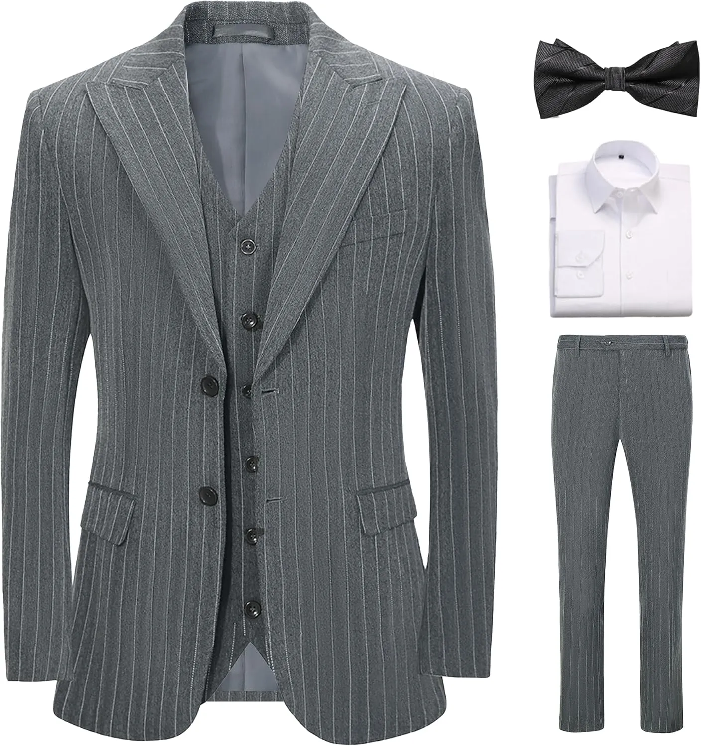 Suits for Men Slim Fit 3 Pieces Peaked Lapel Tuxedo Blazer Vest Pants Shirt Bow Tie Prom Party Wedding Business Dinner