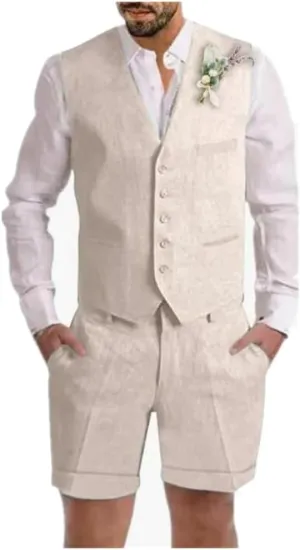Summer Beach Men Suits Linen Shorts Vest Set Beach Mens Wedding Grooms