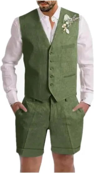 Summer Beach Men Suits Linen Shorts Vest Set Beach Mens Wedding Grooms