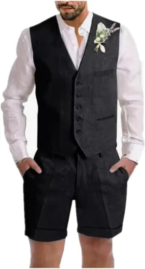 Summer Beach Men Suits Linen Shorts Vest Set Beach Mens Wedding Grooms
