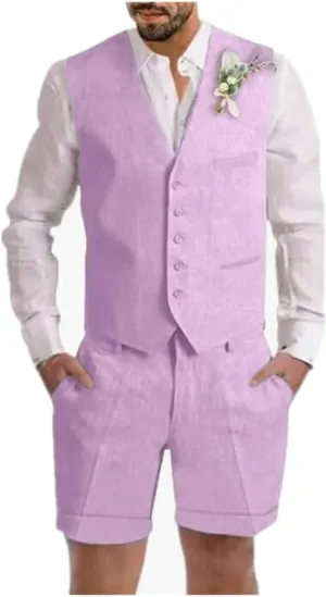 Summer Beach Men Suits Linen Shorts Vest Set Beach Mens Wedding Grooms