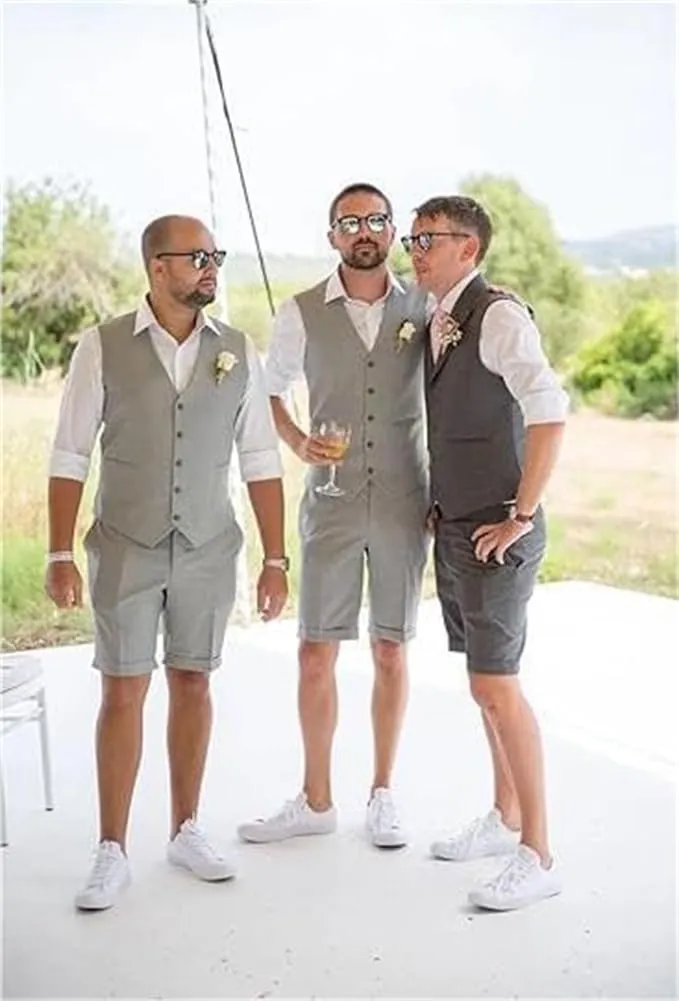 Summer Beach Men Suits Linen Shorts Vest Set Beach Mens Wedding Grooms