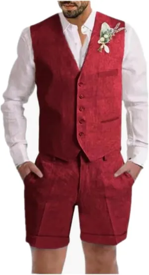 Summer Beach Men Suits Linen Shorts Vest Set Beach Mens Wedding Grooms