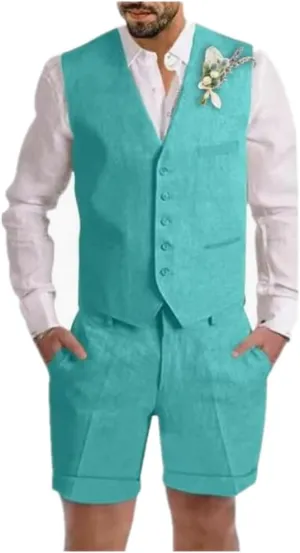 Summer Beach Men Suits Linen Shorts Vest Set Beach Mens Wedding Grooms