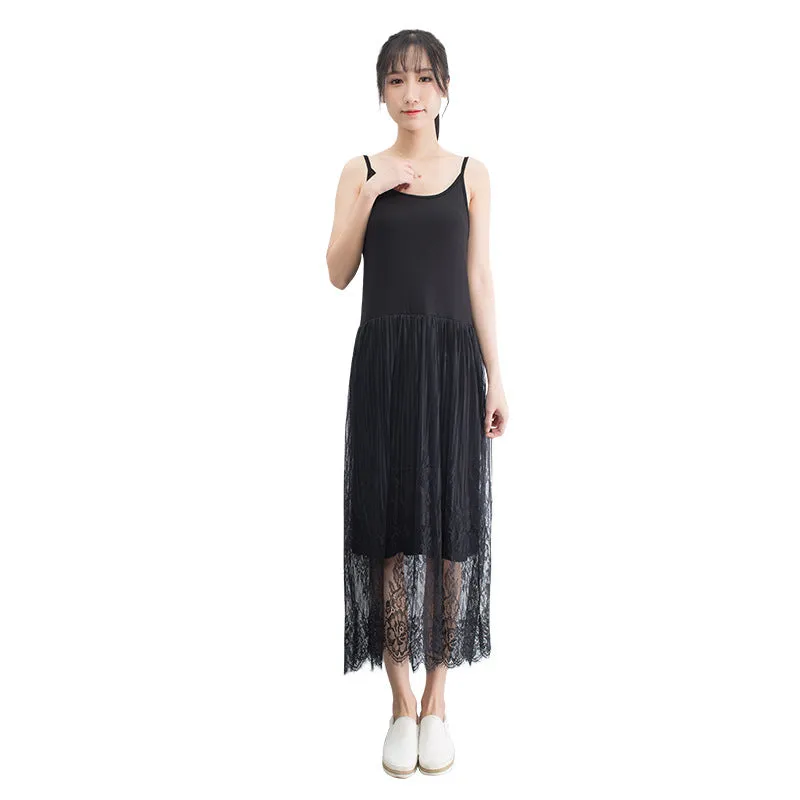 Summer Korean Modal Lace Spliced Cami Dress High Waist Solid Colored Tank Top Fairy Dress