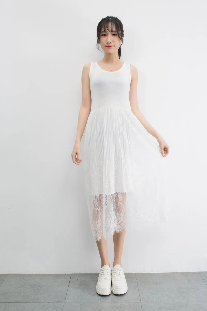 Summer Korean Modal Lace Spliced Cami Dress High Waist Solid Colored Tank Top Fairy Dress