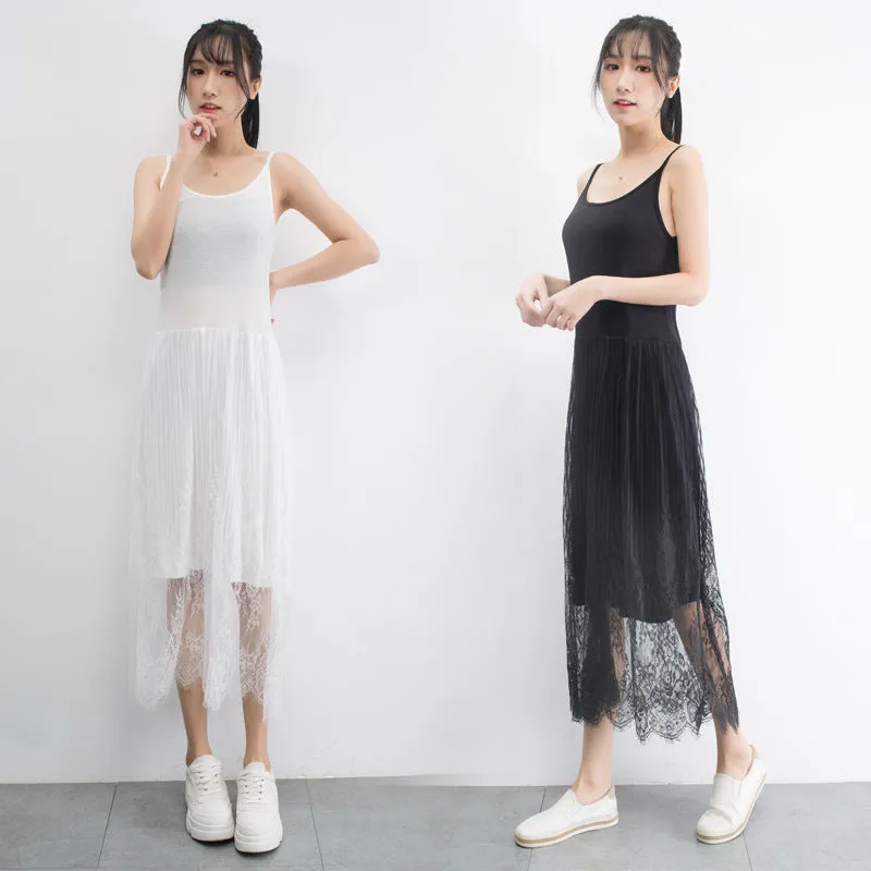 Summer Korean Modal Lace Spliced Cami Dress High Waist Solid Colored Tank Top Fairy Dress