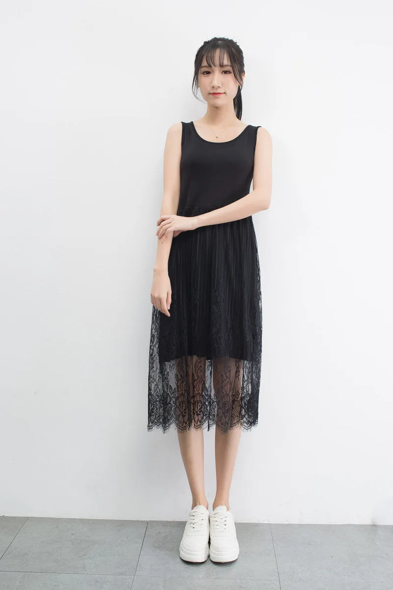 Summer Korean Modal Lace Spliced Cami Dress High Waist Solid Colored Tank Top Fairy Dress