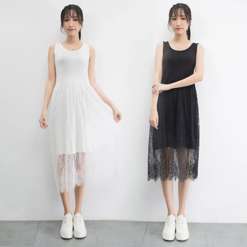 Summer Korean Modal Lace Spliced Cami Dress High Waist Solid Colored Tank Top Fairy Dress