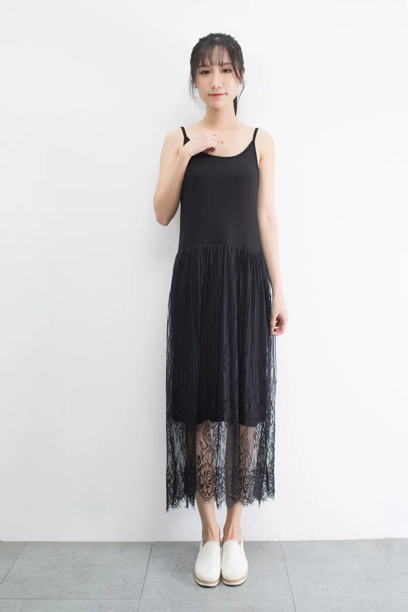 Summer Korean Modal Lace Spliced Cami Dress High Waist Solid Colored Tank Top Fairy Dress