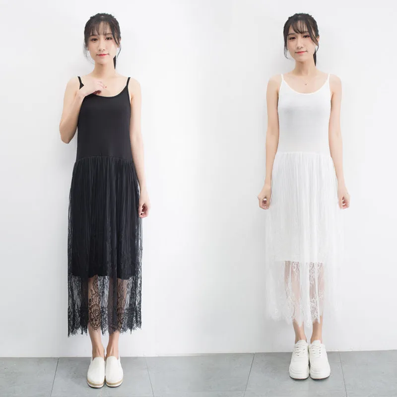 Summer Korean Modal Lace Spliced Cami Dress High Waist Solid Colored Tank Top Fairy Dress