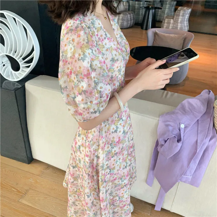 Summer Korean V-Neck Floral Chiffon Dress Women Student Long Chiffon Dress