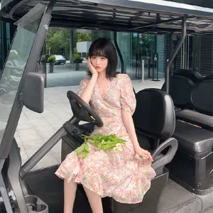Summer Korean V-Neck Floral Chiffon Dress Women Student Long Chiffon Dress