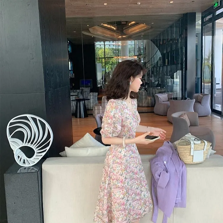 Summer Korean V-Neck Floral Chiffon Dress Women Student Long Chiffon Dress