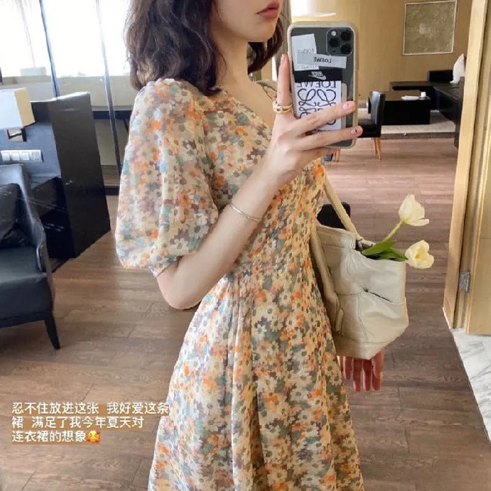 Summer Korean V-Neck Floral Chiffon Dress Women Student Long Chiffon Dress