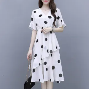 Summer Loose Poker Dot Mid-Length Dress Korean Casual V-Neck Flare Sleeves Women Dress