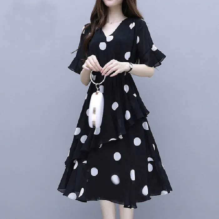 Summer Loose Poker Dot Mid-Length Dress Korean Casual V-Neck Flare Sleeves Women Dress