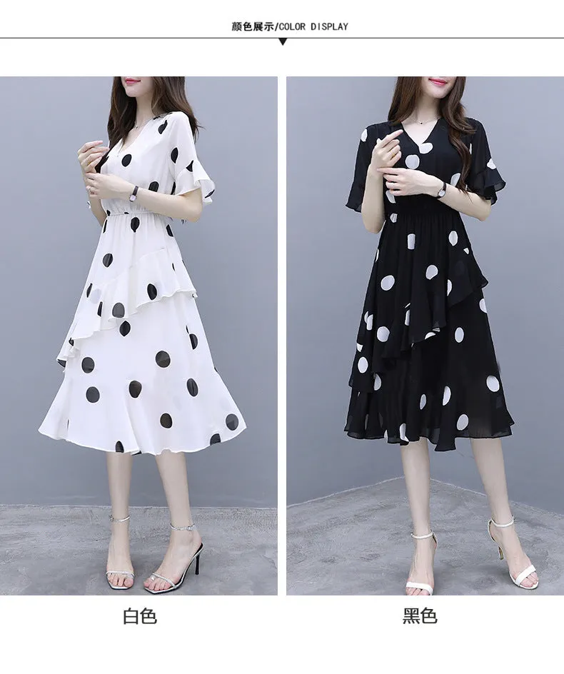 Summer Loose Poker Dot Mid-Length Dress Korean Casual V-Neck Flare Sleeves Women Dress