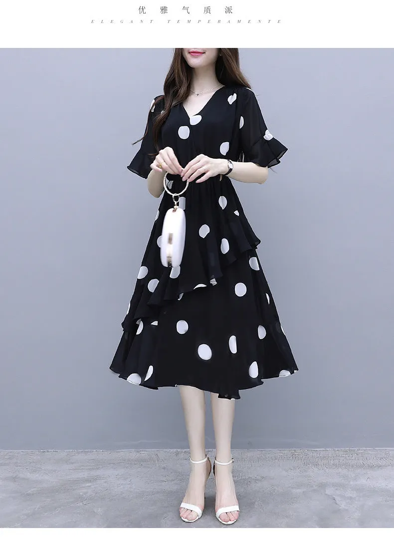 Summer Loose Poker Dot Mid-Length Dress Korean Casual V-Neck Flare Sleeves Women Dress