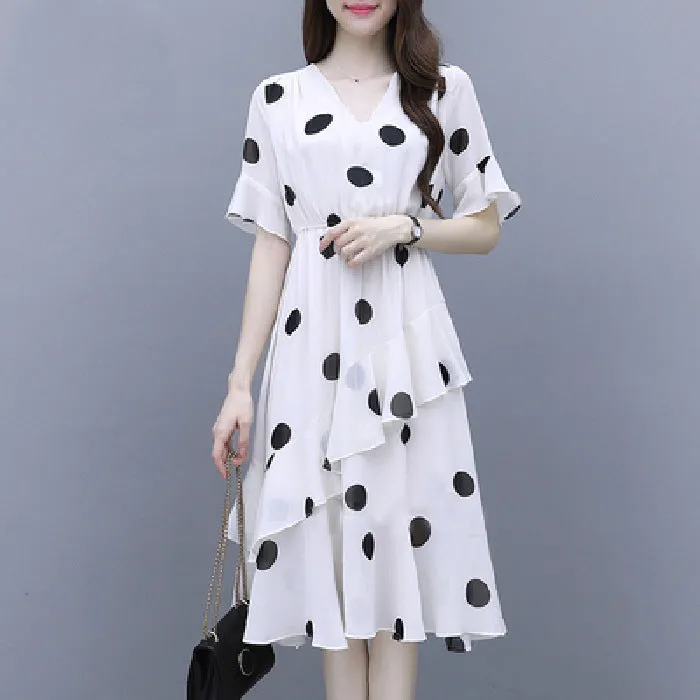 Summer Loose Poker Dot Mid-Length Dress Korean Casual V-Neck Flare Sleeves Women Dress