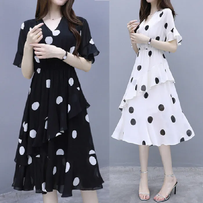 Summer Loose Poker Dot Mid-Length Dress Korean Casual V-Neck Flare Sleeves Women Dress