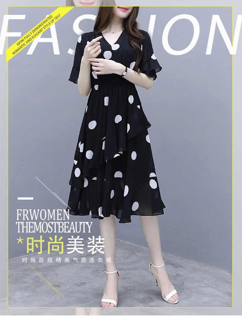 Summer Loose Poker Dot Mid-Length Dress Korean Casual V-Neck Flare Sleeves Women Dress