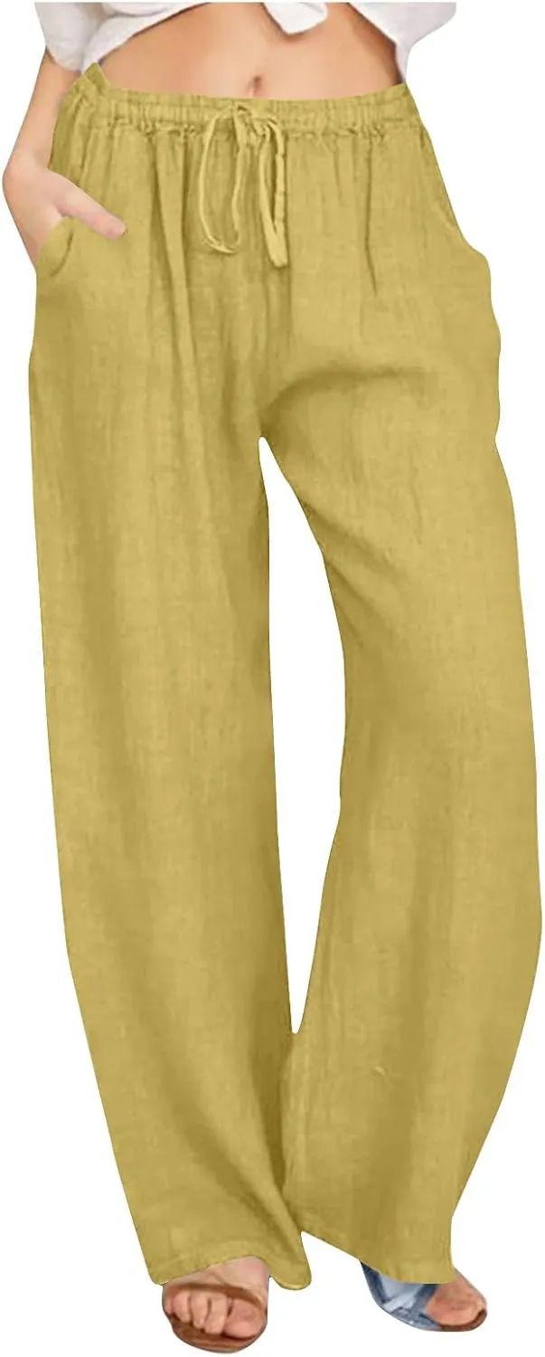 Summer Pants for Women 2025 Cotton Linen Elastic Waist Drawstring Wide Leg Ankle Length Lounge Pant with Pockets