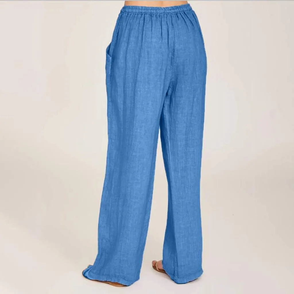 Summer Pants for Women 2025 Cotton Linen Elastic Waist Drawstring Wide Leg Ankle Length Lounge Pant with Pockets