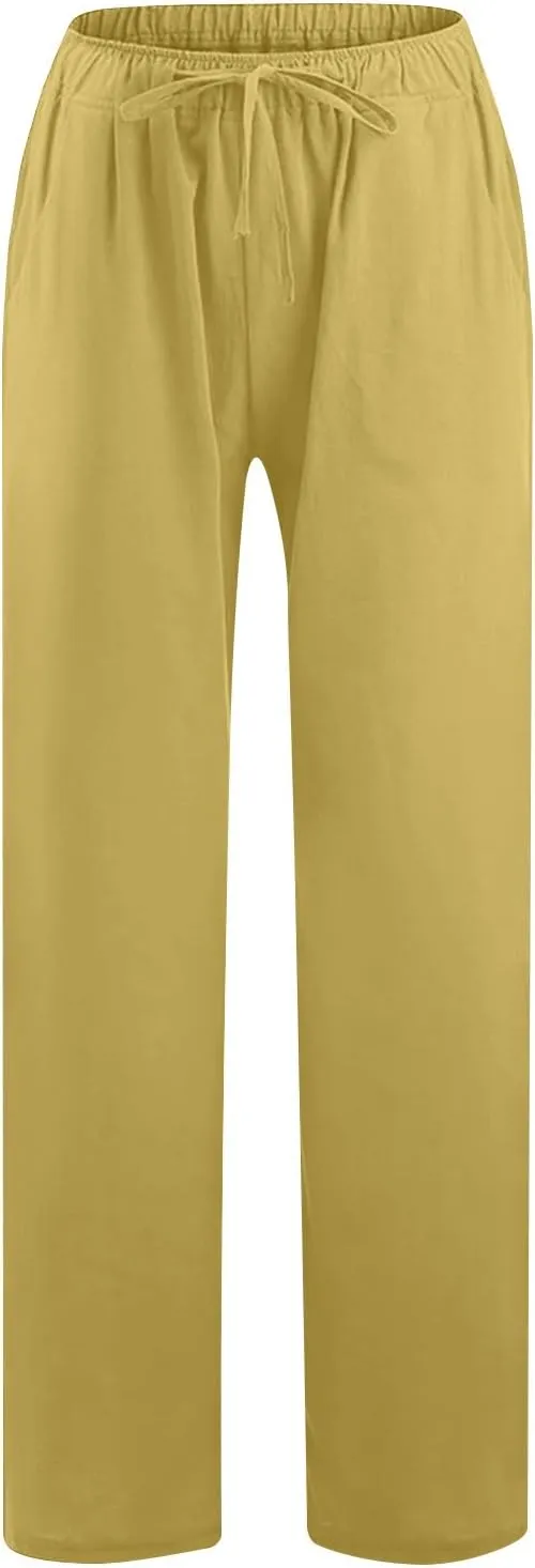 Summer Pants for Women 2025 Cotton Linen Elastic Waist Drawstring Wide Leg Ankle Length Lounge Pant with Pockets