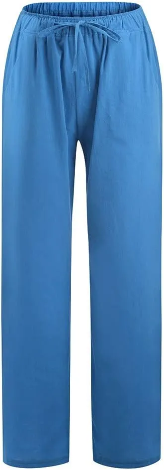 Summer Pants for Women 2025 Cotton Linen Elastic Waist Drawstring Wide Leg Ankle Length Lounge Pant with Pockets