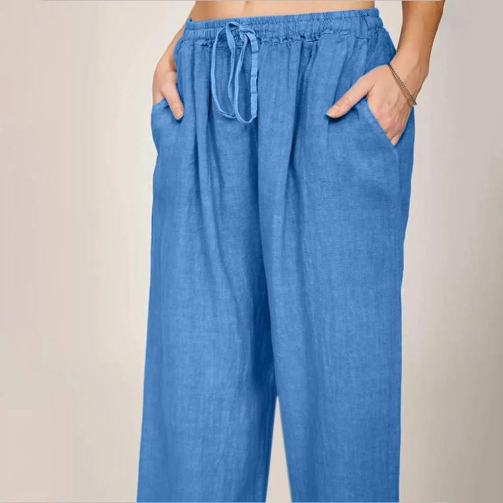 Summer Pants for Women 2025 Cotton Linen Elastic Waist Drawstring Wide Leg Ankle Length Lounge Pant with Pockets
