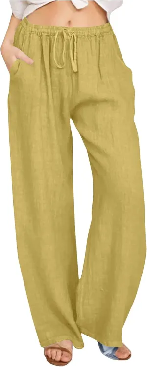 Summer Pants for Women 2025 Cotton Linen Elastic Waist Drawstring Wide Leg Ankle Length Lounge Pant with Pockets