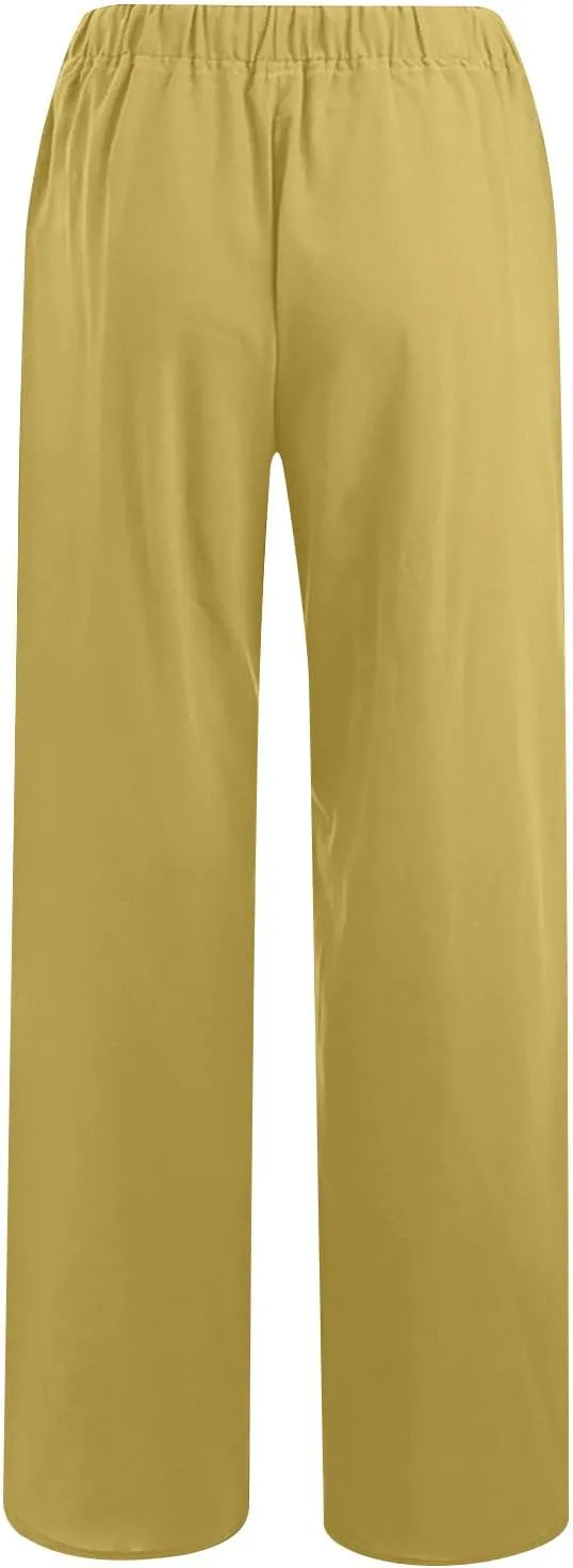 Summer Pants for Women 2025 Cotton Linen Elastic Waist Drawstring Wide Leg Ankle Length Lounge Pant with Pockets