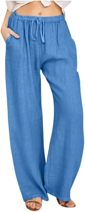 Summer Pants for Women 2025 Cotton Linen Elastic Waist Drawstring Wide Leg Ankle Length Lounge Pant with Pockets