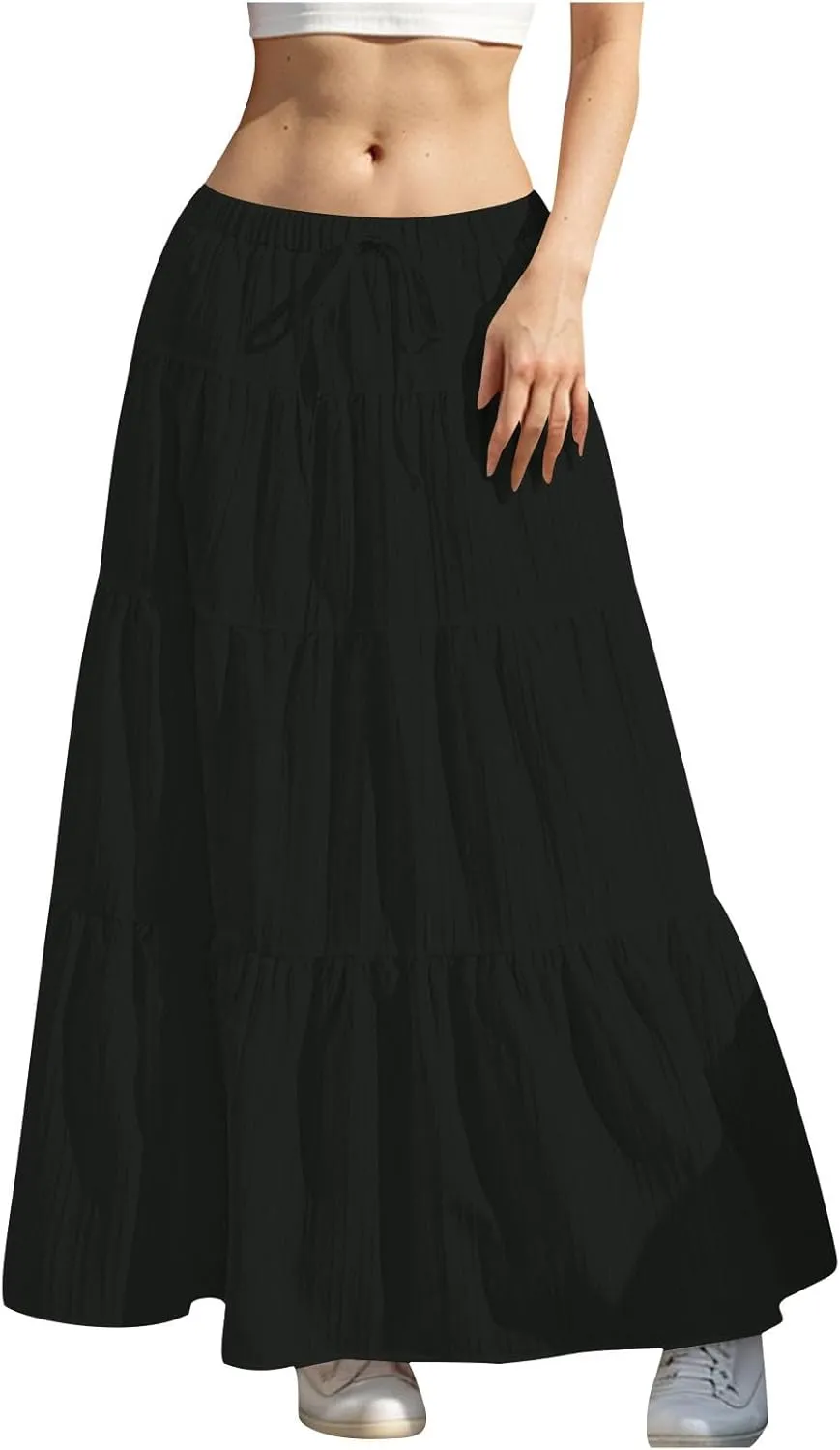 Summer Skirt for Women Solid Color Fashion Drawstring High Waist Ruffle Tiered Skirts Casual Loose Flowy Boho Skirt